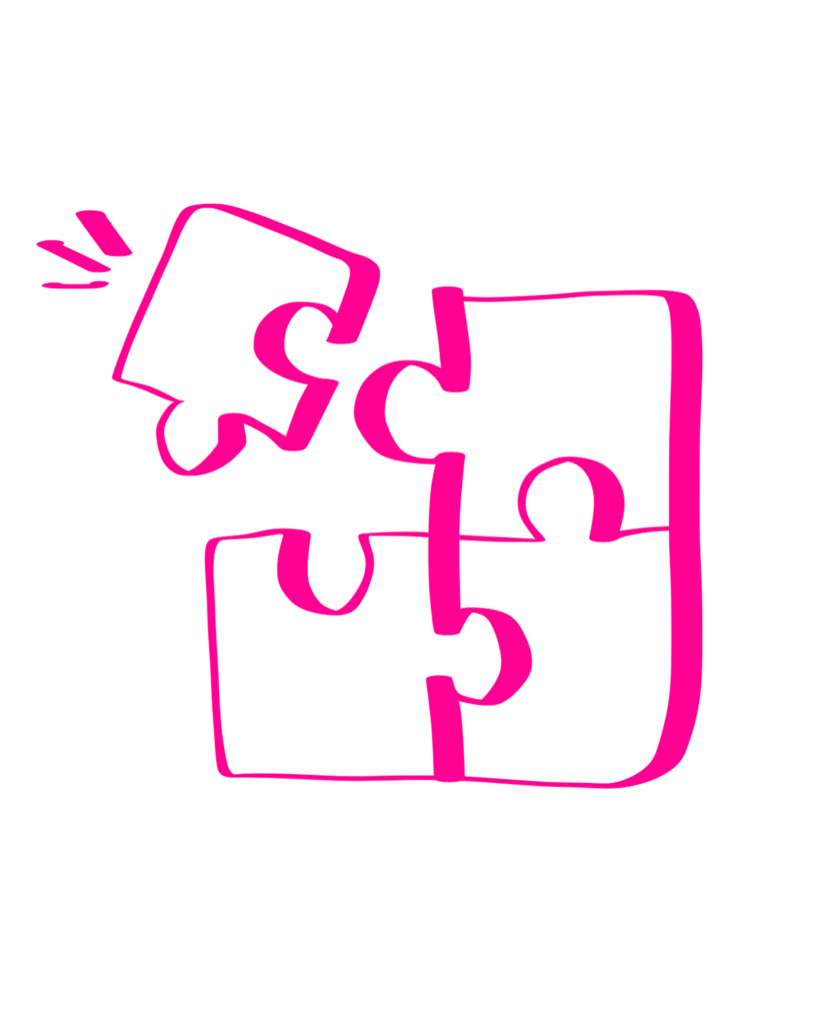 Vier ineinandergreifende pinke Puzzleteile auf schwarzem Hintergrund, eines leicht angehoben.