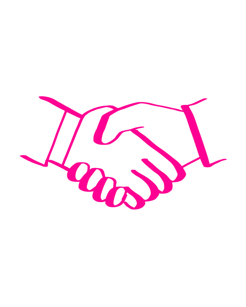 Zwei pinke Hände treffen sich zum Handschlag vor schwarzem Hintergrund, symbolisieren Kooperation.