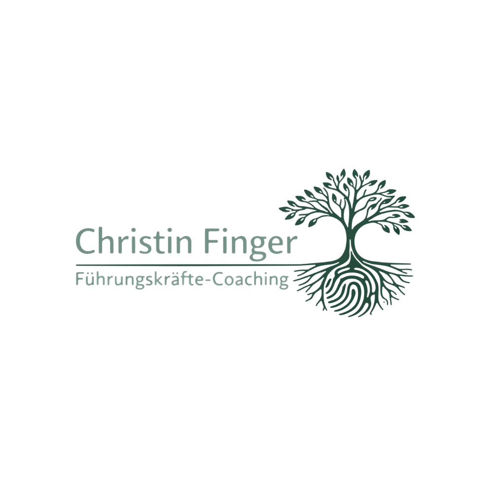 Logo mit stilisiertem Baum und Text "Christin Finger Führungskräfte-Coaching" in gedämpftem Grünton.