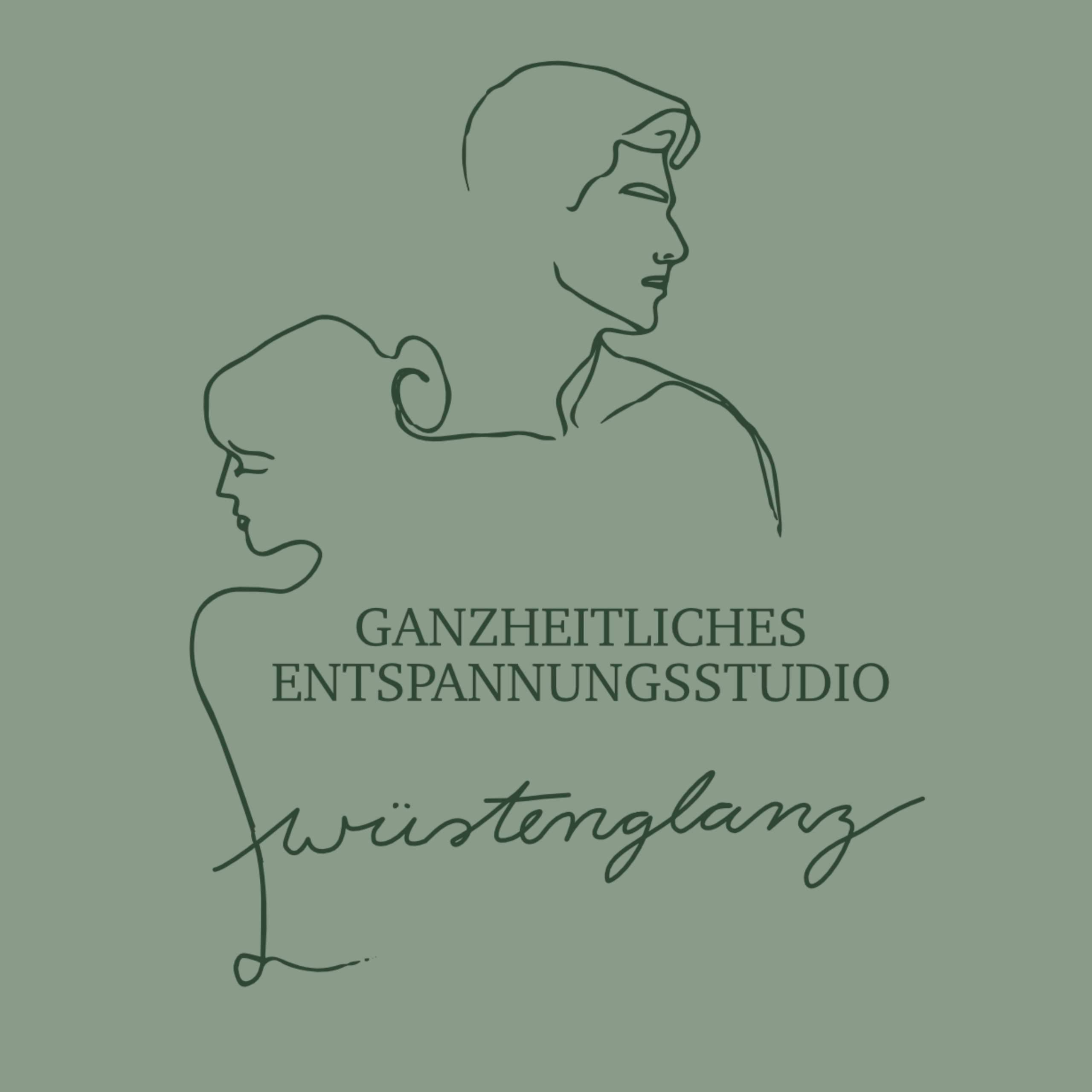 Zwei stilisierte Gesichter in Seitenansicht auf pastellgrünem Hintergrund, Text: "GANZHEITLICHES ENTSPANNUNGSSTUDIO wüstenglanZ".